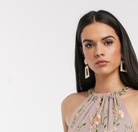 Robe maxi en maille à fleurs brodées et à paillettes, col halter, mauve