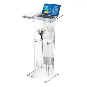 Modern Transparent Acrylic Podium Stand Plexiglass Pulpits with Storage Shelf for Churches Conference Speeches Weddings