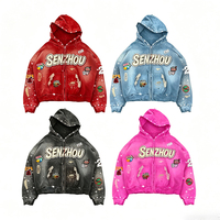 OEM Streetwear Custom Vintage Washed Sun Faded Hoodie Men Oversized Heavyweight Cotton Zipper Jacket Rhinestone Hoodies