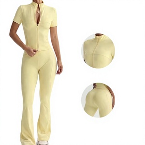 Ensemble de survêtement zippé pour femme, manches courtes, couleur unie, spandex, polyester, sportif, léger, respirant, pantalon de jogging long - Product Image 4