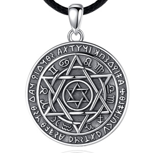 Collana con Ciondolo Talismano di Salomone in Argento Sterling 925, Vintage, Goffrato, Rotondo, per Uomo, Regalo per Matrimonio o Festa - Product Image 1
