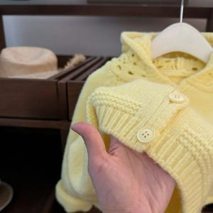 Tongxingyuan <b>Girls</b> Yellow Hooded Knitted <b>Cardigan</b> Thickening With Pom Poms Single Breasted Coat Outwear - Product Image 4
