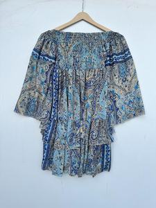 Boho Paisley Smocked Woven Silk Blend Natural Waist Peasant Blouse for Women Regular Fit Casual Bohemian <b>Top</b> Celebration Dress - Product Image 3