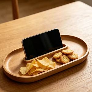 Beechwood Phone Stand <b>Tray</b> Oval Multifunction <b>Storage</b> <b>Trays</b> For Snacks And Devices - Product Image 1