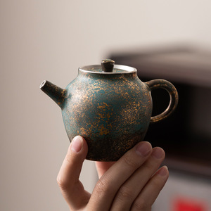 Théière vintage Leshan en céramique émaillée or et argent, <span class=keywords><strong>petite</strong></span> théière Kung Fu, théière individuelle faite à la main, bouilloire à thé - Product Image 1