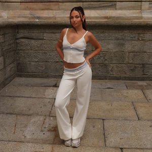 Ensemble en tricot à rayures contrastées minimaliste, haut de camisole slim pour femme et pantalon large drapé, ensemble décontracté deux pièces - Product Image 5