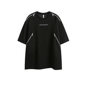 T-shirt unisexe à col ras du cou, style américain, avec fermeture éclair, design artisanal lourd, épaules droites, en métal original avec des perles - Product Image 1