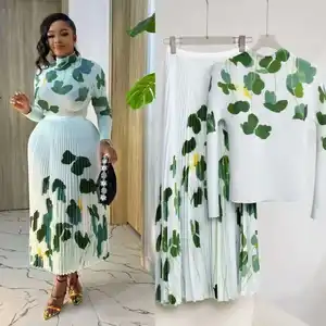 Sheen 2023 Summer Stretchable African Floral Print Miyake Pleated Plus Size Women Clothing Two Piece Set Top And Skirt