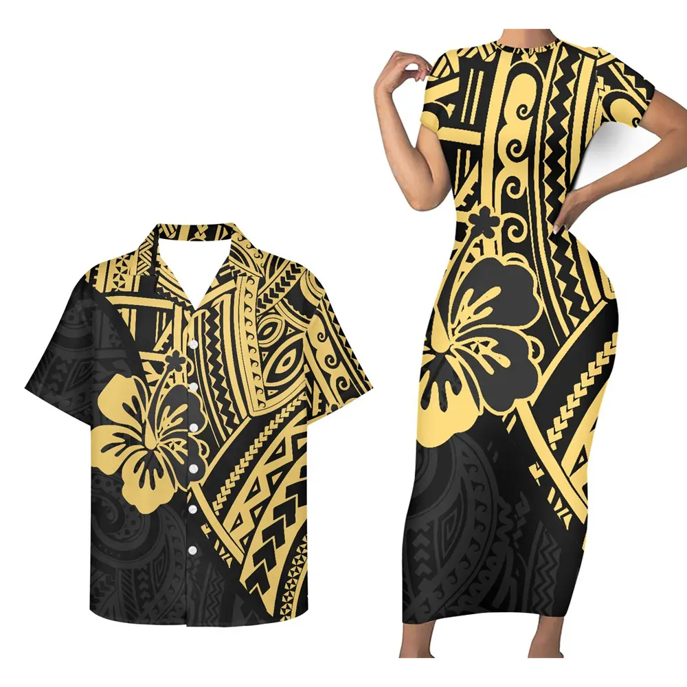 Hibiskus Blumen Paar Nacht anzug Gelb Polynesian Tribal Frauen Bodycon Kleid Und Männer Shirt 2 Stück Elegante Kleider