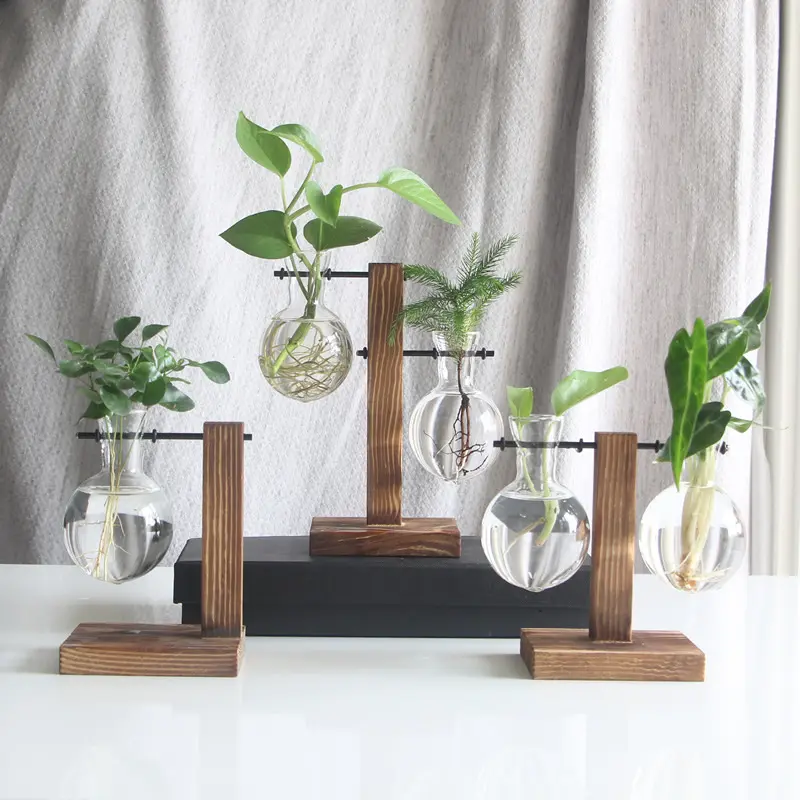 रचनात्मक हाइड्रोपोनिक संयंत्र Vases विंटेज फूल बर्तन पारदर्शी फूलदान लकड़ी के फ्रेम कांच टेबलटॉप पौधों सजावट