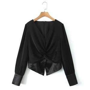 Elegant V Neck Satin Blouse Fitted Waist Spliced Design Jet <b>Black</b> <b>Long</b> <b>Sleeve</b> Wrap Tie <b>Top</b> Women Evening Wear N8982 - Product Image 1