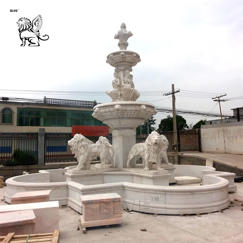 Large Garden Lions Fountains Outdoor Decoração Handcarved Pedra Natural Lion Statue Marble Water Fountain