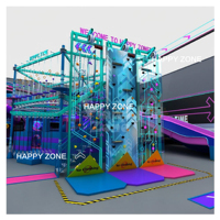 Structure de jeu intérieure sur le thème cyberpunk néon, multi-niveaux, avec toboggans bidirectionnels, mur d'escalade et trampoline