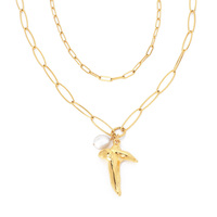 Colliers élégants à double rang de maillons trombone avec pendentif croix en perle naturelle 304, collier ras-du-cou tendance pour femme, bijoux quotidiens OEM