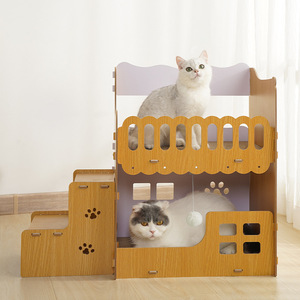 Villa Corrugated Cat <b>Bed</b> Square Wooden Cat <b>Bed</b> with Replaceable Scratching Board <b>Space</b>-<b>Saving</b> Vertical Double-Layer Cat House - Product Image 1