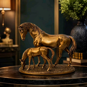 Luxuriöse Metallskulptur von Stute und Fohlen, Goldene Metall-Tierfamilienfigur als Tischdekoration - B2B Großhandel - Product Image 1