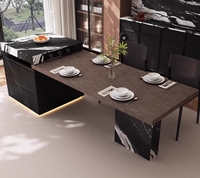 Meja Dapur Batu Sintered Abu-abu dengan Penyimpanan Terintegrasi, Lampu LED Ambient, Finishing Kabinet Putih High Gloss, Gaya Modern Villa