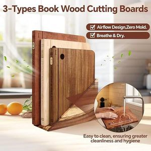 Juego de tablas de cortar de madera, 3 tipos, estilo libro, diseño con flujo de aire, tabla de picar para cocina, fácil de limpiar - Product Image 1
