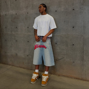 <span class=keywords><strong>Jeans</strong></span> stile personalizzato Jorts di alta qualità Vintage a doppia <span class=keywords><strong>vita</strong></span> pantaloncini larghi in Denim per gli uomini - Product Image 2