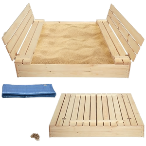 Kids Outdoor Sandpit Wooden Natural Fot 2 to 4 Years <b>Children</b> Cover <b>Benches</b> Closable Weed Control Fabric - Product Image 1