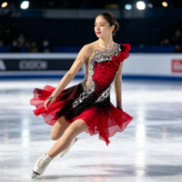 Robe de patinage artistique dégradé rouge et noir avec strass et maille, manches longues, pour enfants et adultes, tenue de performance pour compétition sur glace