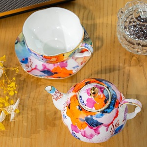 Bone <b>China</b> Tea Set - Coral Reef Watercolor Floral Nesting Teapot with <b>Cup</b> <b>and</b> <b>Saucer</b> - Product Image 4