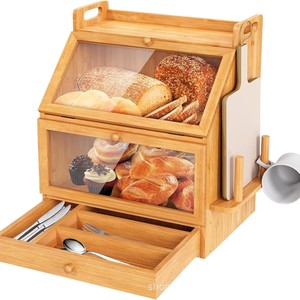 Bamboo Bread Storage <b>Box</b> With Knife Holder And <b>Glass</b> Door For Kitchen Countertop Use - Product Image 5