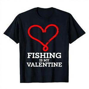 T-shirt en coton extensible à manches courtes et col rond pour homme, imprimé « Fishing Is My Valentine », noir, coupe décontractée, cadeau pour la Saint-Valentin - Product Image 1