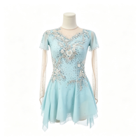 Robe de patinage artistique bleu clair pour enfants et adultes, manches courtes évasées, strass, pour compétition et spectacle de patinage sur glace
