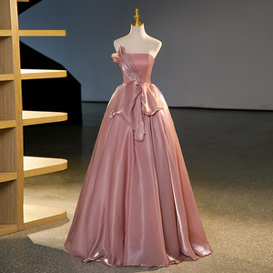 Dusty Rose Satin Strapless Backless Ball Gown Empire Waist Evening Dress with Puffy Skirt - Product Image 1