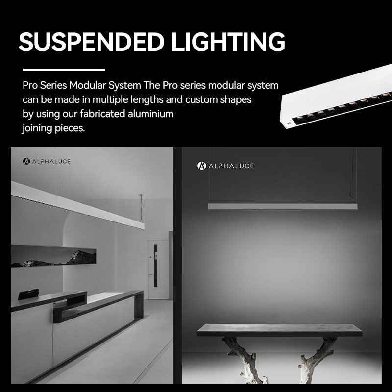 Minimalist Long Rectangle Suspended Office Lighting by ALPHALUCE with LED and Anti-Glare Feature Enhances Workplace Creativity