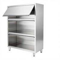 Armoire de rangement pour vaisselle en acier inoxydable commercial avec porte rabattable, étagères ouvertes à trois niveaux, pieds réglables, finition brossée