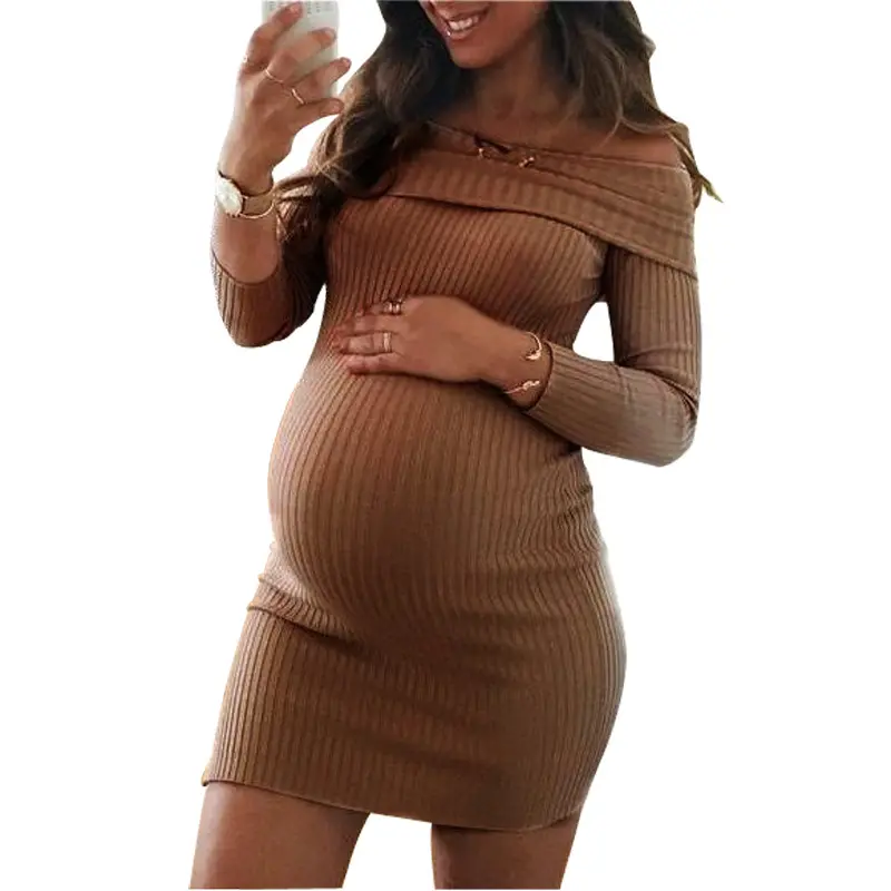 Fashion hot sale sexy pregnant woman clothing long sleeve fall autumn Solid color one shoulder bodycon Maternity Dress