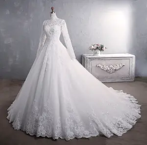 Ball Gown Princess Lace Muslim Wedding Dress Long Sleeve stand collar women wedding dress plus size lady bridal gown