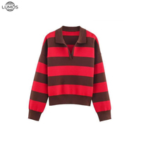 Pull tricoté chic à col polo rayé pour femme, nouvelle collection automne 2026, manches longues, style vintage