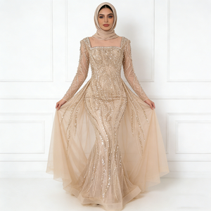 Robes musulmanes élégantes pour femmes, tendance, beige doré, ornées de paillettes, tulle, col carré, manches longues, traîne sirène, longueur au sol - Product Image 5