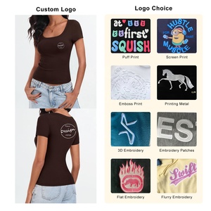 Custom <b>Women</b> Ribbed T-shirt Stretchy Slim-fitting Scoop Neck Short <b>Sleeve</b> Plain Color Tee T-Shirts - Product Image 3