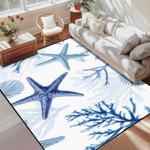 พรมลายปลาดาวชายทะเล ขนาด 2'x3' <span class=keywords><strong>สี</strong></span><span class=keywords><strong>ฟ้า</strong></span> ลายทะเล <span class=keywords><strong>ปะการัง</strong></span> เปลือกหอย ซักได้ ขนสั้น - Product Image 1