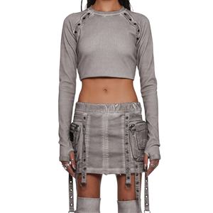 Camiseta de Manga Larga de Color Sólido, Algodón Lavado, Cuello Redondo, con Orificios para los Pulgares, Estilo Casual, para Mujer, Nuevos Estilos, Top Corto - Product Image 1