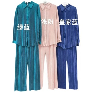 ZHEZHE Bestseller Einfarbiger Plissierter Stoff Polokragen Damenhemden & -oberteile Modische Weite Hosen Damen Zweiteiler Hosenanzug - Product Image 4