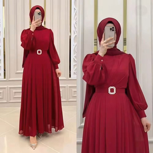 Abito Abaya in Chiffon a Maniche Lunghe con Collo Tondo e Cintura, Colore Unito, per Donna Musulmana, Ideale per Feste e Uso Quotidiano, Stile Dubai, per Eid <span class=keywords><strong>Al</strong></span> Fitr - Vendita all'Ingrosso - Product Image 6
