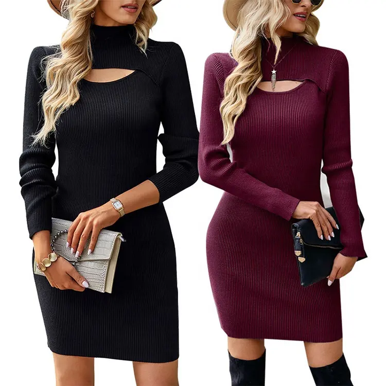spring women clothing 2023 Custom knitted hollow out High Neck casual dresses long sleeve bodycon mini sweater dress