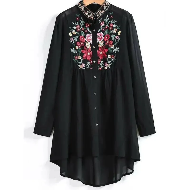 Customized women's summer long Sleeve O-neck solid color Plus Floral Embroidery Sheer Chiffon Longline Blouse