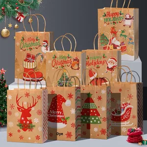 Sac cadeau <span class=keywords><strong>de</strong></span> Noël style vintage avec poignée torsadée <span class=keywords><strong>en</strong></span> <span class=keywords><strong>papier</strong></span>, impression couleur sur <span class=keywords><strong>papier</strong></span> kraft, carte <span class=keywords><strong>de</strong></span> vœux du Nouvel An, réveillon <span class=keywords><strong>de</strong></span> Noël - Product Image 1