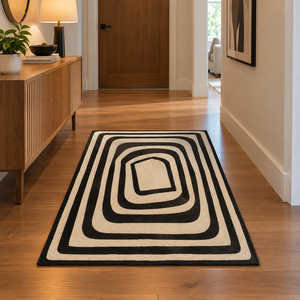 Modern Black & Cream Geometric Area <b>Rug</b>, Abstract Nested Rectangle Pattern, Contemporary Living Room & <b>Bedroom</b> Floor Carpet - Product Image 1
