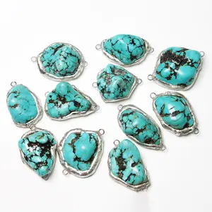 LS-A955 new arrival natural turquoise pendants green turquoise irregular connector bracelet pendant charms with silver plating
