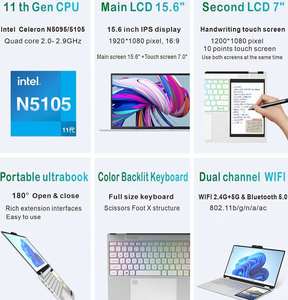แล็ปท็อปหน้าจอคู่ขนาด 15.6 นิ้ว + 7 นิ้ว รุ่นใหม่ปี 2026 แรม DDR4 32GB SSD 2TB พร้อมกล้องในตัว สำหรับงานออฟฟิศ - Product Image 5