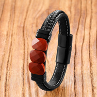 Bracelet en cuir tressé pour homme avec pierre de jaspe rouge naturelle facettée et fermoir magnétique en acier inoxydable – Vente en gros