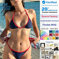 Maillot de bain bikini sexy dos nu rouge et bleu à blocs de couleur, avec liens latéraux, haute élasticité, fendu, qualité OEM, vente directe usine, ensembles de plage