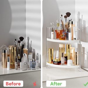 Organisateur d'angle de salle de bain à 2 niveaux en acier inoxydable CF, étagère de rangement pour maquillage, plateau de vanité, organisateur de comptoir de lavabo de salle de bain - Product Image 3